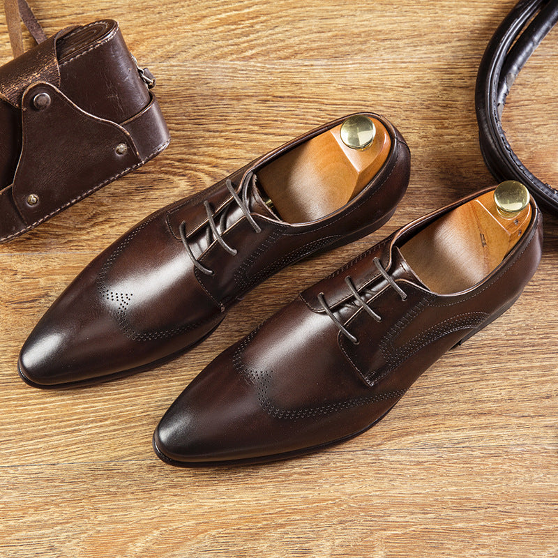 Formal Shoes Summer Pointed Brown Brooch Carved Male Wedding Shoes Lace-up Derby Shoes - Dazpy