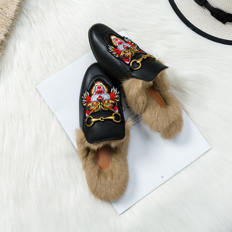 Flat-bottomed Rabbit Fur Baotou Half Slippers - Dazpy