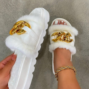 Women's Shoes Thick-soled One-line Chain Buckle Hair Slippers