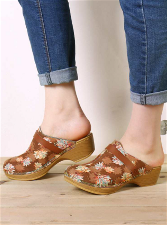 3D Maple Leaf Print Sandals Female Baotou High-heeled Wedge Sandals - Dazpy