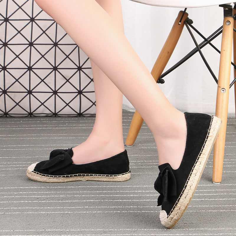 Flat Straw Woven Linen One-step Bow-knot Round-toe Espadrilles Shoes - Dazpy