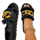 Women's Shoes Thick-soled One-line Chain Buckle Hair Slippers - Dazpy