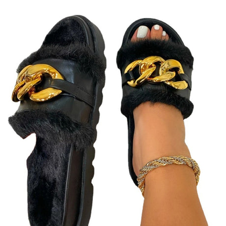 Women's Shoes Thick-soled One-line Chain Buckle Hair Slippers - Dazpy