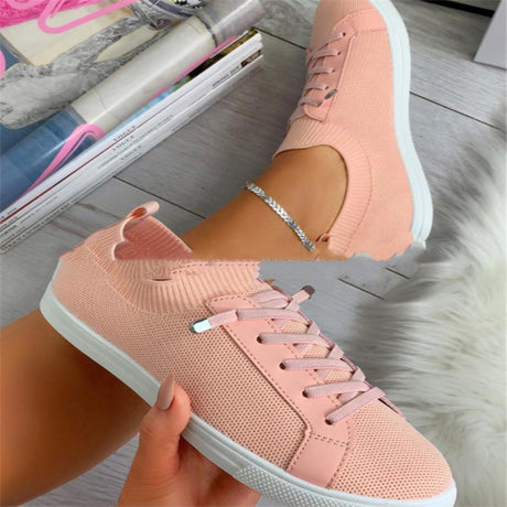 New Women's Shoes Round Toe Lace-Up Flat-bottomed Large Size Solid Color Breathable Shoes - Dazpy