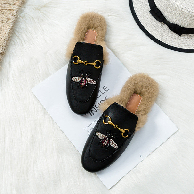 Flat-bottomed Rabbit Fur Baotou Half Slippers - Dazpy