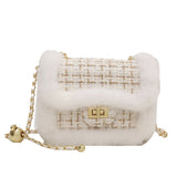 Checked Plush Side Small Gold Bead Metal Small Square Bag - Dazpy