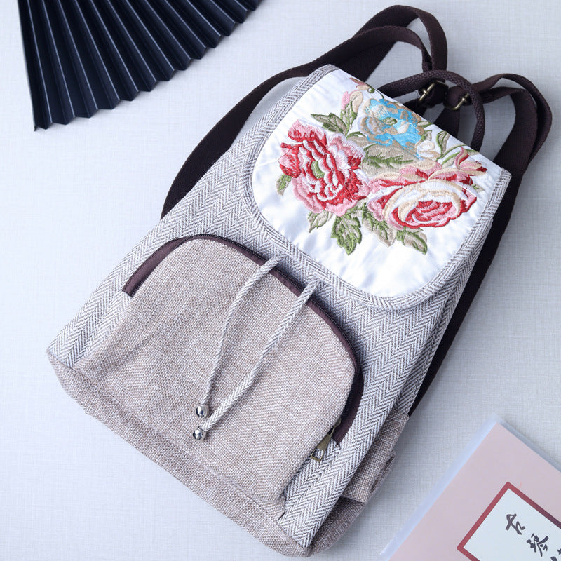 Women's Retro Flower Embroidery Cotton And Linen Backpack - Dazpy