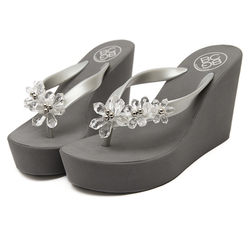 Crystal Beads Flower Slope With Platform Flip Flops - Dazpy